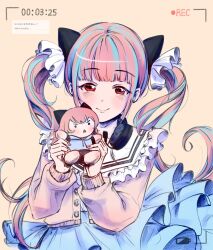 Rule 34 | 1girl, bang dream!, bangjinjin82, blue hair, blue skirt, blush, brown background, cardigan, character doll, closed mouth, commentary request, cowboy shot, doll, highres, holding, holding doll, korean commentary, korean text, long hair, long sleeves, multicolored hair, nail polish, nyubara reona, pink cardigan, pink hair, pink nails, recording, red eyes, request inset, simple background, skirt, streaked hair, tamade chiyu, translation request, twintails, viewfinder