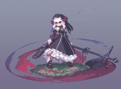 1girl asicah banner bare_shoulders battle_standard black_dress black_shoes breasts brown_pantyhose censored dated double-barreled_shotgun dress full_body grey_background gun holding holding_gun holding_pole holding_weapon horns mosaic_censoring original pantyhose pixel_art pole shoes short_hair shotgun small_breasts solo standing veil war_banner watermark weapon white_hair