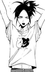10s 1boy arms_behind_head clothes_lift danganronpa danganronpa/zero danganronpa_(series) greyscale hair_ornament male_focus matsuda_yasuke monochrome monokuma one_eye_closed ponytail shirt_lift shirt_slip simple_background solo stretching upper_body white_background yawning