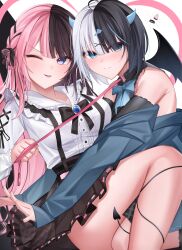 2girls absurdres armpit_crease bare_shoulders black_hair black_skirt blouse blue_eyes blue_gemstone blush bow bowtie braid brooch brown_hair dress frilled_shirt_collar frills gem genderswap genderswap_(mtf) highres jewelry kamito_(vtuber) leash leash_pull multicolored_hair multiple_girls off-shoulder_dress off_shoulder one_eye_closed parted_bangs pink_hair shirt shirt_tucked_in simoxia simple_background skirt small_horns split-color_hair suspender_skirt suspenders tachibana_hinano tachibana_hinano_(1st_costume) tongue tongue_out two-tone_hair virtual_youtuber vspo! white_background white_hair yuri