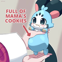 1girl :3 absurdres animal_focus arrow_(symbol) artist_name belly blurry blurry_background blush_stickers border closed_mouth coat commentary crumbs english_commentary english_text fat fingernails gevuxx highres hololive hololive_english long_sleeves open_hand pink_coat raora_panthera smile virtual_youtuber white_border