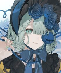 1girl absurdres black_bonnet blue_bow blue_flower blue_rose blunt_bangs bonnet bow closed_mouth daimaou_ruaeru flower green_eyes green_hair green_nails hair_flower hair_ornament hashtag-only_commentary heart heart_of_string highres koishi_day komeiji_koishi light_smile looking_at_viewer portrait rose short_hair simple_background solo third_eye touhou white_background