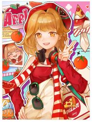 1girl :d apple apple_(reverse:1999) bag bare_shoulders beret bow bowtie brown_hair character_name diagonal-striped_bow diagonal-striped_bowtie diagonal-striped_clothes drop_shadow eyewear_hang food fruit hand_on_own_hip hand_up hat headphones headphones_around_neck highres looking_at_viewer maomao_(momo1582807) open_mouth orange_eyes overall_skirt photo_(object) red_arm_warmers red_bow red_bowtie red_hat red_scarf red_shirt regulus_(pizza_hut)_(reverse:1999) regulus_(reverse:1999) reverse:1999 scarf shirt short_hair shoulder_bag skirt smile solo strapless strapless_shirt striped_clothes striped_scarf sunglasses teeth tomato tomato_slice two-tone_bow two-tone_bowtie two-tone_scarf unworn_eyewear upper_body v white_bow white_bowtie white_scarf white_skirt