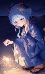 Rule 34 | 1girl, ahoge, akae neo, beach, black sandals, blue hair, blue kimono, closed mouth, cloud, commentary request, fireworks, floral print, ganyu (genshin impact), genshin impact, hair between eyes, hand up, highres, holding, holding fireworks, horizon, horns, japanese clothes, kimono, looking at viewer, night, night sky, ocean, outdoors, print kimono, purple eyes, sandals, senkou hanabi, sky, smile, solo, sparkler, squatting, star (sky), starry sky, striped clothes, striped kimono, vertical-striped clothes, vertical-striped kimono, water, zouri