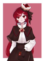 1girl black_capelet black_gloves black_skirt book border brooch brown_ribbon capelet commentary_request cookie_run cookie_run:_kingdom donarium flat_chest flipped_sidelocks gloves hat hat_ribbon highres holding holding_book humanization jewelry korean_commentary linzer_cookie long_hair long_sleeves red_background red_eyes red_hair ribbon shirt simple_background skirt smile solo very_long_hair white_border white_shirt