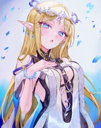 1girl absurdres bare_shoulders black_collar blonde_hair blue_eyes breasts cartethyia_(wuthering_waves) collar commentary crown_of_thorns earrings hand_on_own_chest highres jewelry long_hair looking_at_viewer medium_breasts mile_(off8mile) open_mouth parted_bangs pointy_ears sidelocks solo tabard tacet_mark_(wuthering_waves) upper_body very_long_hair white_tabard wuthering_waves