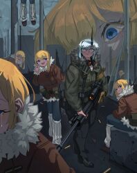 6+girls absurdres armband belt_pouch bendit black_pants blonde_hair blue_eyes blue_hair brown_jacket bullet_hole city clone closed_eyes constricted_pupils crying fur-trimmed_jacket fur_trim giant giantess goggles goggles_around_neck green_jacket gun hanged highres holding holding_gun holding_weapon horns jacket mole mole_under_eye multiple_girls open_mouth original outdoors pants pouch rifle shell_casing shoes single_horn sitting smile sniper_rifle standing surreal tears toggles weapon