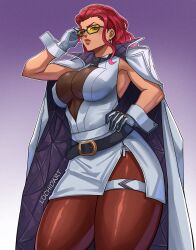 1girl adjusting_eyewear breasts coat coat_on_shoulders crimson_viper gloves hair_slicked_back highres large_breasts luchidart mature_female pantyhose red_hair side_slit skirt sleeveless solo street_fighter street_fighter_6 sunglasses thigh_strap tinted_eyewear unzipped wrist_cuffs yellow-tinted_eyewear zipper zipper_pull_tab
