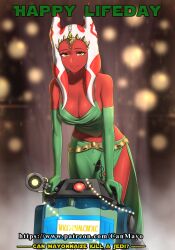 1girl alien breasts christmas_lights cleavage colored_skin droid elbow_gloves forehead_jewel gloves gold_belt green_eyes green_gloves green_skirt green_tank_top highres large_breasts mayonnaise midriff orange_skin science_fiction shiny_skin side_slit skirt smile star_wars tank_top togruta zxpfer