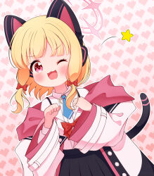1girl :3 animal_ear_headphones black_skirt blonde_hair blue_archive blue_necktie blush bow cat_ear_headphones cat_tail hair_bow halo headphones heart heart_background jacket long_sleeves looking_at_viewer momoi_(blue_archive) necktie off-shoulder_jacket off_shoulder one_eye_closed open_clothes open_jacket open_mouth pink_background pink_eyes r245 red_bow shirt short_hair skirt smile standing star_(symbol) suspender_skirt suspenders tail white_jacket white_shirt wink