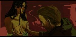 1boy 1girl beard_stubble black_eyes black_hair body_markings breast_massage brown_hair cigarette crying crying_with_eyes_open facial_hair flustered grey_hoodie hair_over_shoulder highres holding holding_cigarette holding_marker hood hood_down hoodie looking_at_another marker nekromaxxing nipple_stimulation original partially_undressed short_hair stubble tears turning_head upper_body
