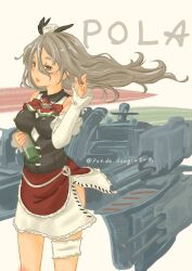 Rule 34 | 1girl, ascot, blush, bodice, breasts, brown eyes, cannon, corset, cowboy shot, frilled thigh strap, grey hair, hair between eyes, hat, highres, kantai collection, large breasts, layered skirt, long hair, long sleeves, looking at viewer, mini hat, original remodel (kantai collection), pola (kancolle), pot-de, red ascot, rigging, ship turret, shirt, skirt, smile, solo, thigh strap, tilted headwear, wavy hair, white shirt, zara (kancolle), zara due (kancolle)