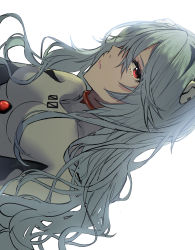 1girl absurdres alternate_hair_length alternate_hairstyle ayanami_rei blue_hair breasts closed_mouth evangelion:_3.0+1.0_thrice_upon_a_time expressionless highres hotaboshi_yazuki long_hair mecha_pilot_suit neon_genesis_evangelion official_alternate_hair_length official_alternate_hairstyle plugsuit_(evangelion) rebuild_of_evangelion red_eyes simple_background solo yaduki100