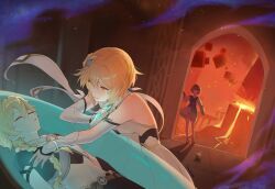 Rule 34 | 1boy, 2girls, absurdres, aether (genshin impact), against glass, arm rest, artist name, black gloves, black pants, black shirt, blonde hair, braid, braided ponytail, breasts, brother and sister, brown hair, closed eyes, commentary, cropped shirt, crown, crying, crying with eyes open, destruction, detached sleeves, direidyth (genshin impact), dress, english commentary, faceless, faceless female, floating scarf, flower, genshin impact, gloves, hair between eyes, hair flower, hair ornament, hair over shoulder, hand on glass, highres, holding, in container, lim3cake, long hair, looking at another, lumine (genshin impact), medium breasts, midriff, multiple girls, navel, pants, parted lips, partially fingerless gloves, scarf, shirt, short hair, short hair with long locks, siblings, stasis tank, tears, two-tone dress, unworn crown, white dress, white scarf, yellow eyes