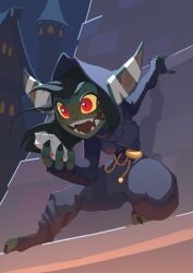 Rule 34 | 1girl, bandaged ear, belt, black footwear, building, colored sclera, colored skin, commentary, cracked mask, critical role, dungeons & dragons, english commentary, facing viewer, female goblin, fingerless gloves, full body, gloves, goblin, gold, green hair, green skin, grey hood, grey pants, grey shirt, highres, holding, holding mask, huffslove, large ears, mask, medieval, medium hair, night, nott (critical role), open mouth, outdoors, pants, perching, pointy ears, red eyes, sharp teeth, shirt, solo, stone wall, teeth, toeless footwear, town, yellow sclera