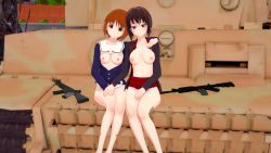 2girls 3d blush breasts breasts_out brown_eyes brown_hair closed_mouth dot_nose female_focus girls_und_panzer gun highres holding_hands kuromorimine_military_uniform large_breasts legs_together looking_at_viewer microskirt military military_uniform military_vehicle motor_vehicle multiple_girls nipples nishizumi_maho nishizumi_miho no_bra ooarai_military_uniform open_clothes panties pleated_skirt red_skirt rifle short_hair sitting skirt small_breasts smile tank underwear weapon white_panties yuri