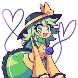 1girl black_hat blush_stickers bright_pupils daigada green_eyes green_hair green_skirt hat hat_ribbon heart heart_of_string highres komeiji_koishi long_hair long_sleeves looking_at_viewer open_mouth ribbon shirt simple_background skirt smile solo teeth thick_eyebrows third_eye touhou transparent_background upper_body upper_teeth_only white_pupils yellow_ribbon yellow_shirt