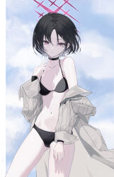 14yuruis 1girl absurdres barbell_piercing bikini bikini_under_clothes black_bikini black_choker blue_archive brown_hair choker ear_piercing halo highres industrial_piercing long_sleeves misaki_(blue_archive) misaki_(swimsuit)_(blue_archive) navel official_alternate_costume open_clothes open_shirt piercing pink_halo pinstripe_pattern pinstripe_shirt shirt short_hair solo star_halo striped_clothes striped_shirt swimsuit vertical-striped_clothes vertical-striped_shirt