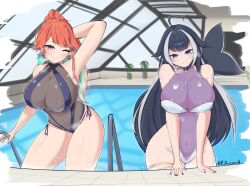 2girls absurdres animal_ears armpits body_markings breasts cat_ears cetacean_tail feathers fins fish_tail highres hololive hololive_english huge_breasts indie_virtual_youtuber long_hair multiple_girls official_alternate_costume orange_hair orca_girl p_protocoll perfume_(takanashi_kiara) plant purple_eyes rei_no_pool see-through_clothes shylily shylily_(3rd_costume) swimsuit tail takanashi_kiara thick_thighs thighs virtual_youtuber window
