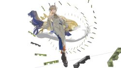 1girl absurdres arknights bare_shoulders blonde_hair blue_hair chinese_commentary colored_extremities commentary_request dragon_girl dragon_horns earrings floating floating_hair full_body grey_eyes grey_hair grey_jacket grey_pants grey_tube_top hair_between_eyes highres holding horns jacket jewelry little_c_86609 long_hair long_sleeves looking_at_viewer magic multicolored_hair necklace off_shoulder pants parted_lips pointy_ears shu_(arknights) simple_background solo strapless tube_top unfinished very_long_hair white_background