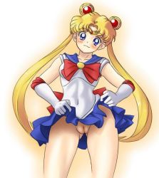 1990s_(style) bishoujo_senshi_sailor_moon blonde_hair blue_eyes blush cleft_of_venus clothes_lift gloves no_panties pussy retro_artstyle sailor_moon skirt skirt_lift tagme tsukino_usagi uncensored utilizator
