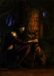 1990s_(style) 1boy absurdres artist_request dog final_fantasy final_fantasy_vi highres interceptor kneeling male_focus moon night ninja outdoors shadow_(ff6) tree