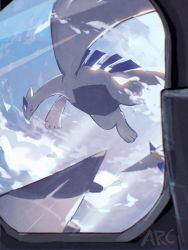 aircraft airplane airplane_interior arc_draws black_eyes closed_mouth cloud commentary_request creatures_(company) day fang flying game_freak gen_2_pokemon highres legendary_pokemon lugia nintendo no_humans outdoors pokemon pokemon_(creature) signature skin_fang solo