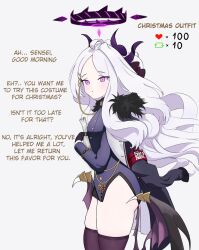 Rule 34 | 1girl, aspid, ass, black halo, black horns, black thighhighs, blue archive, cowboy shot, english text, from side, halo, highres, hina (blue archive), horns, long hair, purple eyes, solo, standing, strip game, thighhighs, thighs, twitter strip game, white hair