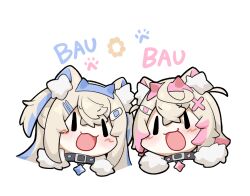 2girls animal_collar animal_ear_fluff animal_ears bandaid bandaid_hair_ornament belt_collar blonde_hair blue_hair blue_hairband blush_stickers breasts chibi chibi_only collar commentary cropped_torso crossed_bangs dog_ears double-parted_bangs eye_contact fake_horns full_body fuwawa_abyssgard hair_between_eyes hair_ornament hairband hairclip highres hololive hololive_english horns light_brown_hair looking_at_another mococo_abyssgard multicolored_hair multiple_girls pink_hairband short_hair siblings simple_background small_breasts snowmya spiked_collar spikes streaked_hair twins two_side_up virtual_youtuber white_background x_hair_ornament |_|