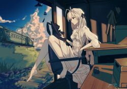 1girl absurdres barefoot breasts cleavage_cutout clothing_cutout cloud cloudy_sky collared_dress dress hair_between_eyes hair_ribbon highres kasugano_sora long_hair pale_skin power_lines ribbon scenery signature sky small_breasts solo stuffed_animal stuffed_toy train utility_pole white_dress white_hair yautja yosuga_no_sora