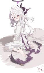 1girl absurdres ahoge black_halo blue_archive breasts demon_girl demon_horns demon_wings halo highres hijo_(nakare2845) hina_(blue_archive) horns long_hair looking_at_viewer pajamas purple_eyes sitting small_breasts solo white_hair wings