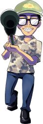 Rule 34 | 1boy, absurdres, black hair, black shoes, blue pants, cho cola star, collared shirt, facial hair, full body, glasses, green hat, grey shirt, grin, hat, highres, holding, holding megaphone, looking at viewer, megaphone, mustache, opaque glasses, pants, real life, shirt, shoes, short hair, short sleeves, simple background, smile, solo, touhou, transparent background, zun, zun hat