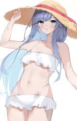 1girl a.i._voice bare_arms bare_shoulders bikini bikini_skirt blue_eyes blue_hair blush breasts cevio chiriakuta_hai collarbone commentary cowboy_shot frilled_bikini frills futaba_minato hair_ornament hairclip hand_up hat highleg highleg_bikini highres legs_together long_hair long_sidelocks looking_at_viewer midriff navel off-shoulder_bikini off_shoulder parted_lips red_ribbon ribbon sidelocks simple_background solo stomach straw_hat sweat swimsuit thighs underboob white_background white_bikini