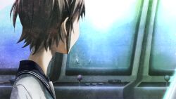 1girl arcade arcade_cabinet black_neckerchief black_sailor_collar brown_hair child flat_chest game_cg highres huke indoors looking_to_the_side neckerchief non-web_source official_art sailor_collar school_uniform serafuku shirt short_sleeves short_twintails solo steins;gate steins;gate:_linear_bounded_phenogram tennouji_nae twintails white_shirt white_stripes