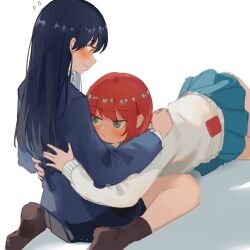 2girls amate_yuzuriha black_hair black_jacket black_skirt blue_eyes blue_skirt blush brown_socks closed_mouth commentary flying_sweatdrops gundam gundam_gquuuuuux hashtag-only_commentary hug jacket long_hair lying_on_lap milktea_(gggrrr2000) multiple_girls nyaan_(gundam_gquuuuuux) pleated_skirt red_hair red_pupils school_uniform shadow short_hair simple_background skirt socks sweater white_background white_sweater yellow_eyes yuri