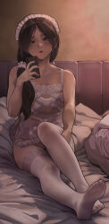 1girl absurdres bare_arms bare_shoulders bed bra breasts brown_hair feet garter_straps highres holding holding_phone lace lace-trimmed_bra lace-trimmed_legwear lace_trim long_hair maid maid_headdress mature_female no_panties original phone pillow selfie side_ponytail soles thighhighs toes underwear white_thighhighs yewang19