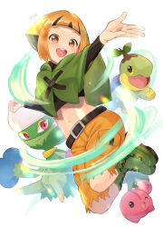 1girl :d bad_id bad_twitter_id belt black_belt black_hair boots cherubi commentary_request creatures_(company) eyelashes game_freak gardenia_(pokemon) gen_4_pokemon green_footwear happy legs_up multicolored_hair nintendo no_feet open_mouth orange_eyes orange_hair outstretched_arm pokemon pokemon_(creature) pokemon_dppt poncho roserade shorts smile teeth tongue tsunamaru._(tuna_330) turtwig two-tone_hair upper_teeth_only