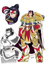 1girl armor black_hair braid chain clenched_hands fur_collar fur_trim genderswap genderswap_(mtf) grin hair_tubes highres holding holding_sword holding_weapon jaghatai_khan md5_mismatch multicolored_hair multiple_views parted_lips pauldrons ponytail power_armor red_hair ryuusei_(mark_ii) scar scar_on_face shoulder_armor signature smile sword tassel warhammer_40k weapon white_scars yellow_eyes