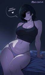 1girl absurdres arm_support artist_name bare_shoulders bed black_tank_top breasts chainsaw_man clothes_on_bed eyepatch gratam green_eyes green_hair heart highres himeno_(chainsaw_man) large_breasts looking_at_viewer midriff panties parted_lips short_hair solo spanish_text tank_top thick_thighs thighs underwear white_panties