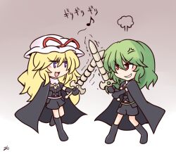 Rule 34 | 216, 2girls, anger vein, belt, black cape, black footwear, black gloves, black shirt, black shorts, blonde hair, blush, boots, brown background, cape, check commentary, chibi, collar, collared cape, commentary, commentary request, cosplay, elbow gloves, female byleth (fire emblem), female byleth (fire emblem) (cosplay), fighting, fire emblem, fire emblem: three houses, frilled hat, frills, gloves, gradient background, green belt, green hair, hat, hat ribbon, holding, holding sword, holding weapon, itou shizuka, jake brito, kazami yuuka, long hair, medium hair, mob cap, multiple girls, musical note, nintendo, open mouth, pocket, puff of air, purple belt, purple eyes, red eyes, red ribbon, ribbon, shaking, shirt, short sleeves, shorts, signature, smile, sword, sword clash, teeth, touhou, touhou cannonball, touhou spell bubble, translation request, v-shaped eyebrows, voice actor connection, weapon, white collar, white headwear, yakumo yukari