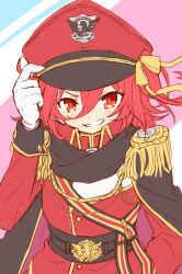 1girl aiguillette black_cape cape epaulettes fringe_trim gloves grin hair_between_eyes hair_ribbon hand_on_headwear hat jacket long_sleeves medium_hair military_uniform nanamine_nanao one_side_up ongeki ousaka_akane red_cape red_eyes red_hair red_hat ribbon sketch smile solo two-sided_cape two-sided_fabric v-shaped_eyebrows white_gloves yellow_ribbon