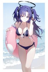 1girl absurdres alternate_costume beach bikini black_bikini blue_archive blue_sky breasts candy_man cloud commentary day english_commentary feet_out_of_frame halo highres horizon leaning_forward long_hair looking_at_viewer mechanical_halo medium_breasts navel ocean outdoors pink_innertube purple_eyes purple_hair side-tie_bikini_bottom sky solo standing stomach swimsuit two_side_up yuuka_(blue_archive)