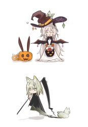 2girls :d ^_^ absurdres animal_ears arknights black_cloak black_wings bright_pupils c113oreo chibi chibi_only cleavage_cutout cloak closed_eyes clothing_cutout commentary dress english_commentary facing_viewer fake_wings floating food ghost glaring green_eyes grey_hair hair_between_eyes hair_ornament halloween hat highres holding holding_scythe holding_weapon jack-o&#039;-lantern kal&#039;tsit_(arknights) long_dress long_hair long_sleeves multiple_girls no_mouth no_nose open_mouth scythe short_hair simple_background smile sweets teardrop_facial_mark theresa_(arknights) v_arms very_long_hair weapon white_background white_dress white_pupils wings witch_hat