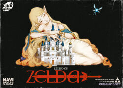 black_background blonde_hair castle closed_eyes closed_mouth cover dress fairy fake_cover highres kumanz long_hair navi nintendo off-shoulder_dress off_shoulder pointy_ears princess_zelda sitting the_legend_of_zelda the_legend_of_zelda_(nes) very_long_hair video_game_cover white_dress yokozuwari