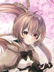 1girl ahoge brown_capelet brown_cloak brown_corset brown_eyes brown_hair capelet cherry_blossoms cloak corset crossed_bangs cupping_hands falling_petals feather_hair_ornament feathers gloves hair_ornament hairclip highres hololive hololive_english long_hair looking_at_viewer multicolored_hair nanashi_mumei nanashi_mumei_(1st_costume) own_hands_together partially_fingerless_gloves petals ponytail ribbon saca110 shirt smile streaked_hair very_long_hair virtual_youtuber white_shirt