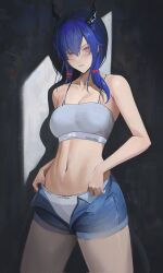 Rule 34 | 1girl, arknights, blue hair, breasts, ch&#039;en (arknights), commentary, cowboy shot, denim, denim shorts, dragon horns, english commentary, grey panties, grey sports bra, hair between eyes, highres, horns, long hair, looking at viewer, medium breasts, midriff, navel, open clothes, open fly, open shorts, panties, rasipan, red eyes, short shorts, shorts, solo, sports bra, standing, underwear