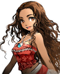 1girl arukas bare_shoulders breasts brown_eyes brown_hair curly_hair dark-skinned_female dark_skin jewelry long_hair looking_at_viewer midriff moana_(movie) moana_waialiki necklace simple_background smile solo strapless upper_body