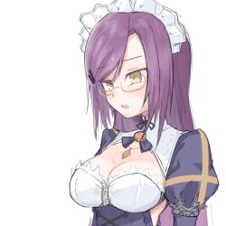 1girl arms_at_sides assault_lily bespectacled black_ribbon black_shirt blush breasts buttons cleavage cleavage_cutout clothing_cutout cross-laced_clothes cross-laced_top glasses hair_ornament hairclip highres jewelry juliet_sleeves long_hair long_sleeves looking_ahead maid maid_headdress maki_wakana medium_breasts neck_ribbon necklace official_alternate_costume ooinaru_ishi_(zwna_m) parted_lips pendant puffy_sleeves purple_hair ribbon semi-rimless_eyewear shirt side_cutout simple_background solo two-tone_shirt under-rim_eyewear upper_body white_background white_shirt yellow-framed_eyewear