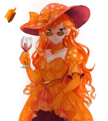 1girl bow breasts cleavage cup dan_(syet) dress earrings elbow_gloves gen_1_pokemon gloves hair_bow highres holding holding_cup jewelry long_hair looking_at_viewer nintendo orange_bow orange_dress orange_gloves orange_hair parasect personification pokemon polka_dot_hat polka_dot_sleeves smile solo standing sunglasses white_background