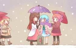 5girls :d aki_minoriko aki_shizuha animal_ears aqua_vest arinu bag blonde_hair blue_eyes blue_hair blue_skirt blue_umbrella blush bow brown_coat brown_footwear brown_hair closed_eyes coat cold dress food geta hair_bow hat heterochromia holding holding_umbrella hood hood_down hooded_coat imaizumi_kagerou jizou juliet_sleeves long_hair long_sleeves multiple_girls open_mouth paper_bag pink_coat pink_skirt puffy_sleeves purple_bow purple_scarf purple_umbrella red_coat red_eyes red_hair red_hat red_umbrella scarf sekibanki short_hair skirt smile snow snowing taiyaki tatara_kogasa touhou trembling umbrella vest wagashi white_dress winter winter_clothes wolf_ears